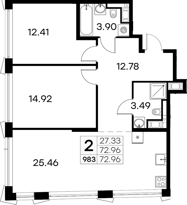 2-комнатная квартира 72.96 м², 18/19 эт., ЖК «GloraX Aura Vasileostrovsky»